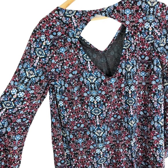 Lush Womens Black Floral V-Neck Cutout Back Long Sleeve Tunic Dress - Picture 7 of 16